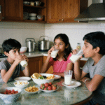 Childrens drinking fresh milk at home as part of a healthy daily routine