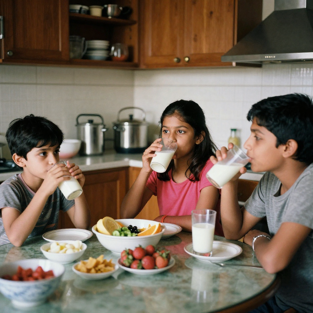 Childrens drinking fresh milk at home as part of a healthy daily routine